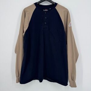 VTG Bulwark Flame Resistant Work Shirt Long Sleeve Navy Tan Henley Pocket Men M